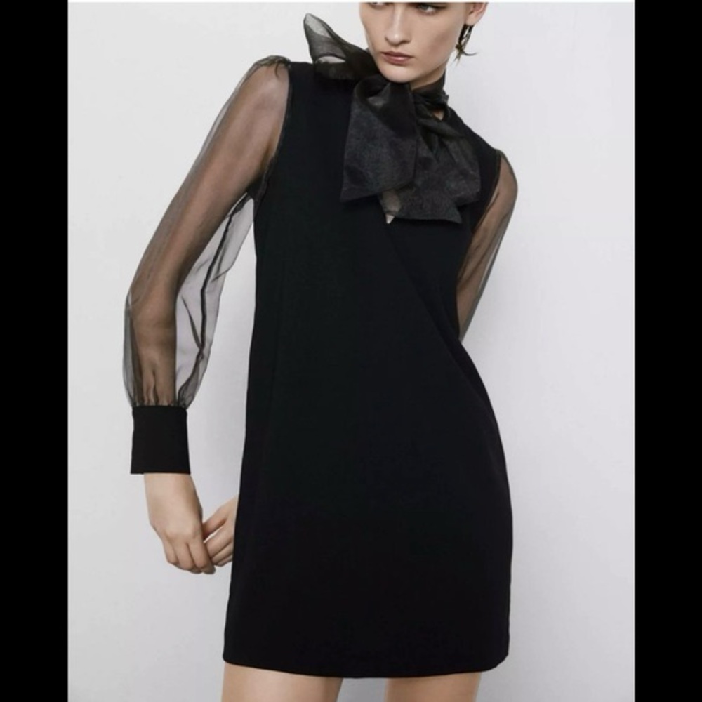 Zara Sheer Organza Sleeve Bow Detail Mini Dress Black Sz S Cocktail